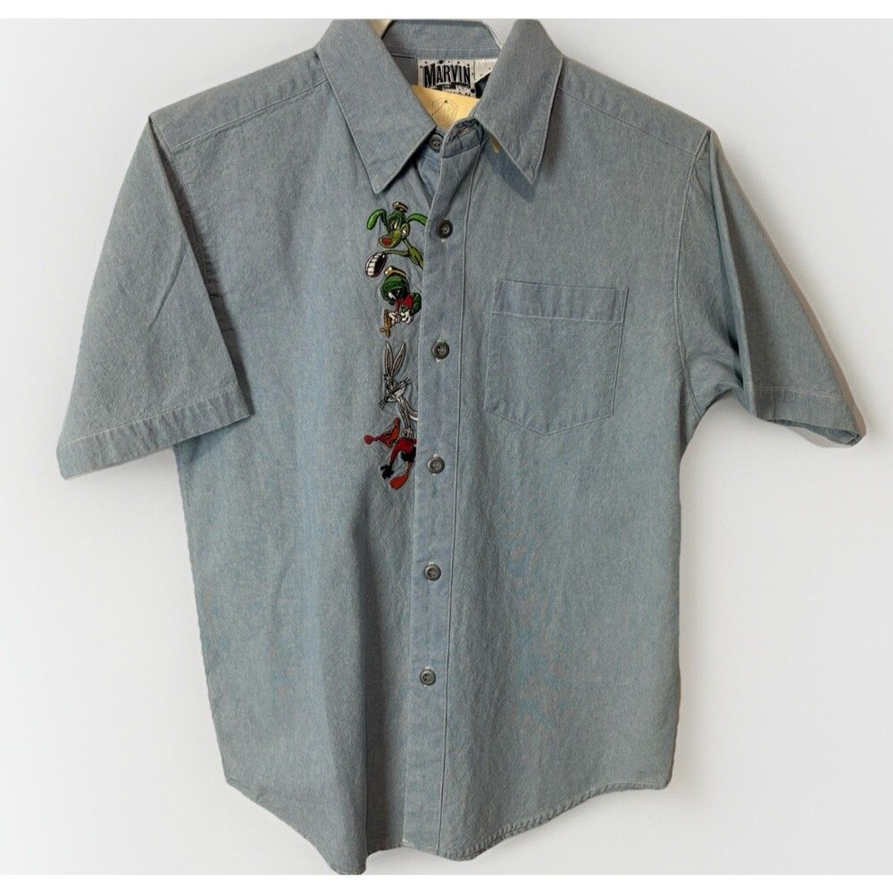 Vintage Deadstock NWT WB Marvin The Martian Boys Medium Embroidered Chambray Top